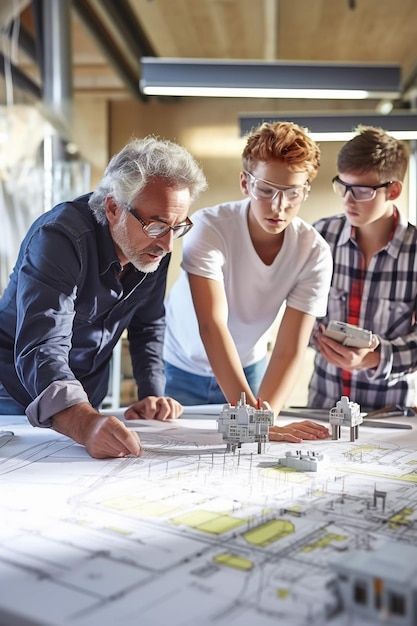 Photo deux jeunes architectes et un ingénieur d'âge moyen discutent de plans dans un studio d'architecture bien éclairé.