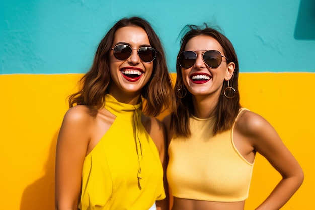 Deux jeunes belles brunes souriantes hipster femmes en vêtements d'été à la mode femmes insouciantes sexy posant près du mur jaune dans le studio modèles positifs s'amusant joyeux et heureux dans des lunettes de soleil