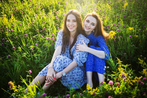 Deux jeunes belles filles européennes dans un champ de fleurs sauvages