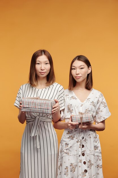 Deux jeunes belles jumelles en robes intelligentes tenant des coffrets cadeaux emballés avec des cadeaux pour les amis tout en se tenant devant la caméra