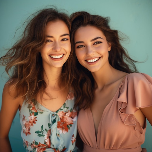 Photo deux jeunes brunes souriantes dans des vêtements d'été à la mode.