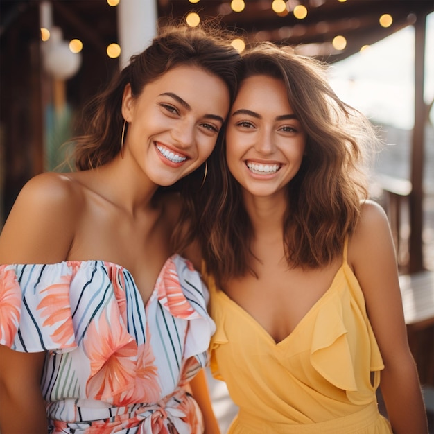 Photo deux jeunes brunes souriantes dans des vêtements d'été à la mode.