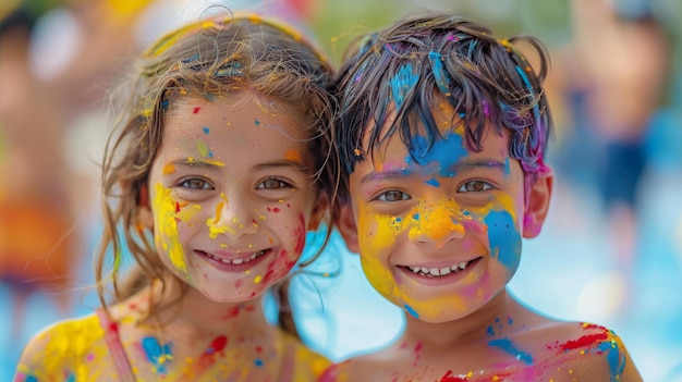 Deux jeunes enfants couverts de peinture colorée se tiennent côte à côte