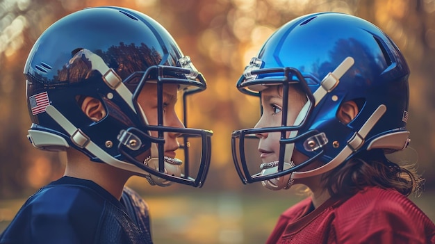 Deux jeunes enfants portant des casques de football face à face