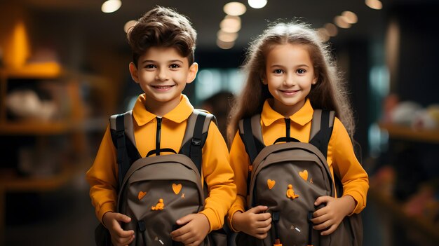 deux jeunes enfants portant des sacs à dos debout dans une pièce IA générative