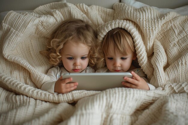 Deux jeunes enfants profitent d'un divertissement numérique dans le lit avec une tablette devant leur visage.