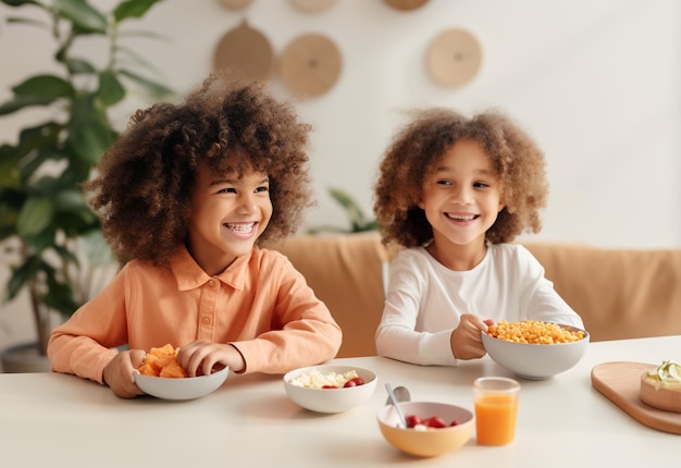 Photo deux jeunes enfants à la table du déjeuner