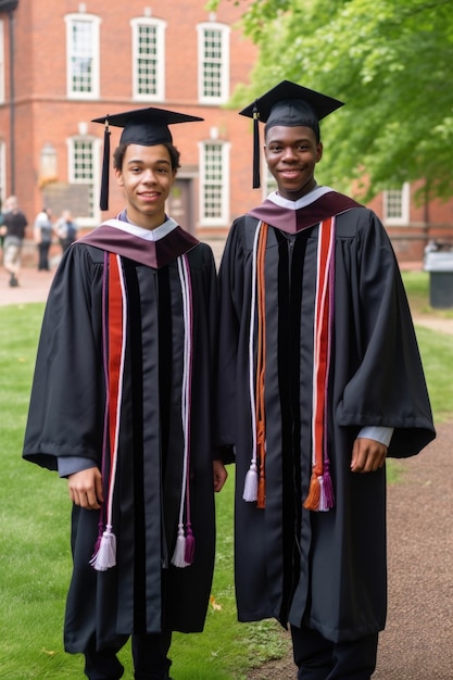 deux jeunes étudiantes portant des robes de graduation sur le campus créées avec une IA générative