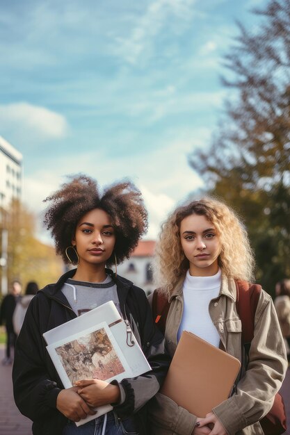 Photo deux jeunes étudiants avec des livres à l'université