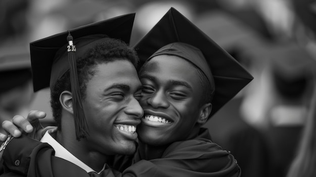 Deux jeunes étudiants s'embrassent lors de la cérémonie de remise des diplômes, des amis joyeux célèbrent la fin de l'école.