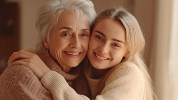 Deux jeunes femmes d'âges différents souriant et se tenant la main sur une photo en gros plan L'IA générative montre une petite fille embrassant sa mère par derrière