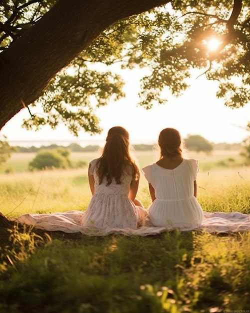 Deux jeunes femmes assises l'une à côté de l'autre sous l'arbre Bonheur concept d'amitié