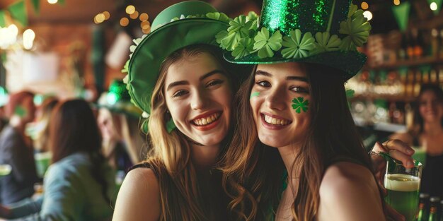 Photo deux jeunes femmes attrayantes jouent le jour de saint patrick une jolie fille célèbre le jour de saint patrick