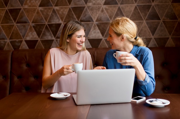 Deux jeunes femmes attrayantes avec un ordinateur portable dans le café