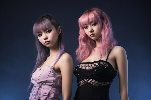 deux jeunes femmes aux cheveux roses posant pour la caméra