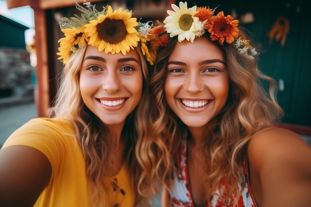 Deux jeunes femmes brunes hippie élégantes et des femmes blondes modèles dans des vêtements hipster d'été prenant des photos selfie pour les médias sociaux sur smartphone sur le fond de la rue