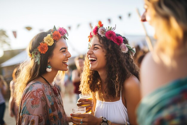 Deux jeunes femmes buvant de la bière et s'amusant ensemble à la fête de plage. Des amies heureuses se divertissant au festival de musique. Vacances d'été, concept de vacances.