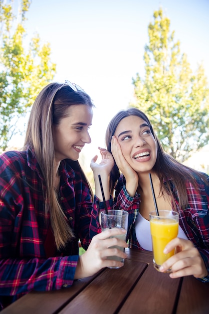 Deux jeunes femmes buvant du jus et de la limonade dans le parc