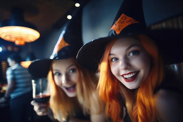 Photo deux jeunes femmes en chapeaux de sorcière à une fête d'halloween dans un bar regardant la caméra souriante