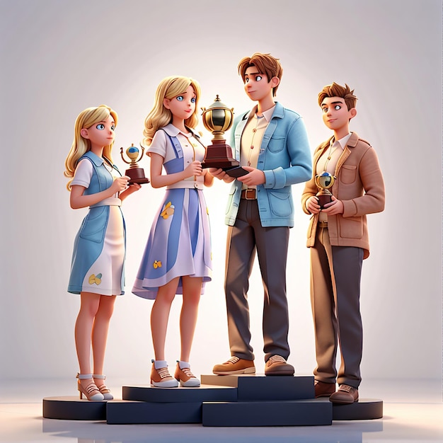 Deux jeunes femmes et deux jeunes hommes reçoivent des trophées illustration du personnage 3D