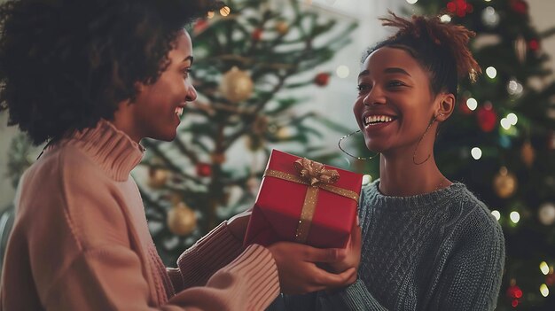 Deux jeunes femmes échangent des cadeaux devant un arbre de Noël décoré. Elles sourient et rient.