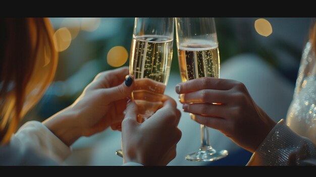 Photo deux jeunes femmes de l'est claquent des verres de champagne pour célébrer