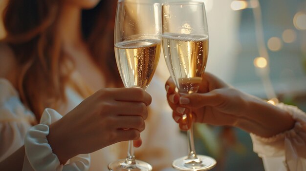 Deux jeunes femmes de l'Est claquent des verres de champagne pour célébrer