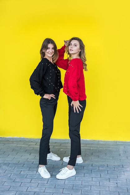 Deux jeunes femmes européennes à la mode posant dans des pulls tricotés isolés sur fond jaune. mode de vie