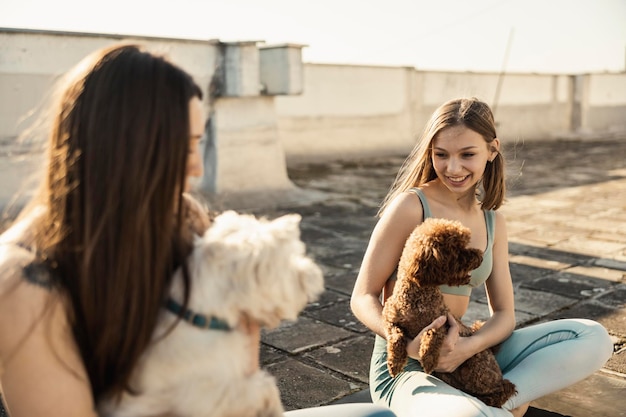 Deux jeunes femmes jouant avec leur chien tout en faisant du yoga sur un toit-terrasse.