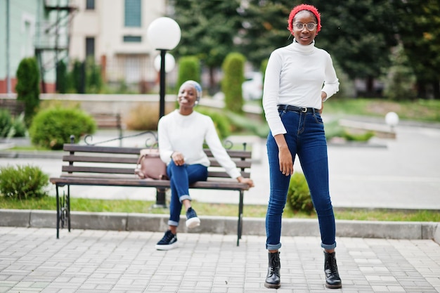 Deux jeunes femmes musulmanes africaines grandes et minces attrayantes à la mode moderne en hijab ou foulard turban posés ensemble