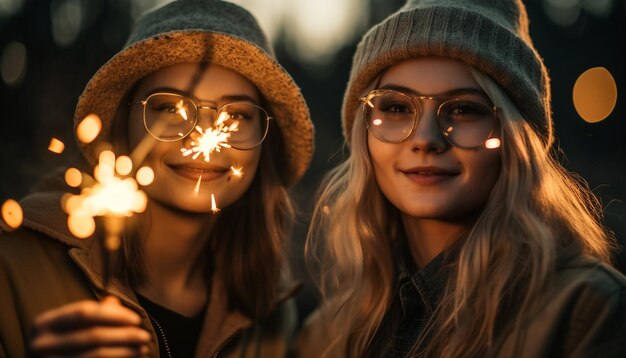 Deux jeunes femmes s'embrassent en souriant dans la nature générée par l'IA