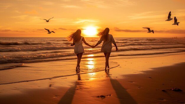 Deux jeunes femmes se tenant la main à la plage pendant le concept d'amitié senset Happiness