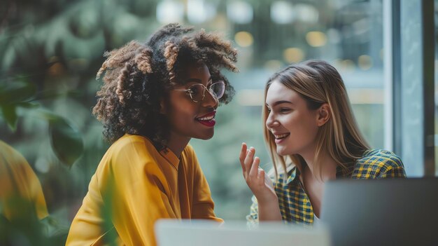 Photo deux jeunes femmes sont assises dans un café et parlent. elles sourient et semblent apprécier leur conversation.