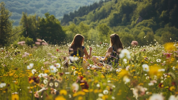 Photo deux jeunes femmes sont assises dans un champ de fleurs, elles portent toutes les deux des vêtements décontractés et ont les cheveux lâchés.