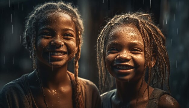 Deux jeunes femmes souriantes regardant la caméra générée par l'IA