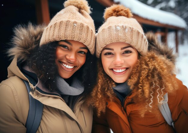 Photo deux jeunes femmes souriantes en vêtements d'hiver concept d'amitié féminine