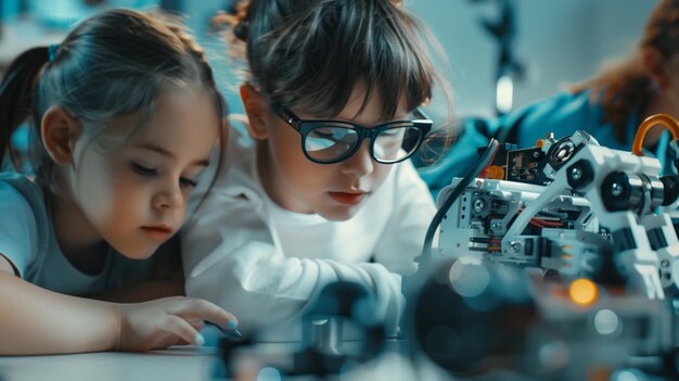 Deux jeunes filles concentrées sur l'assemblage d'un robot complexe dans un atelier technique