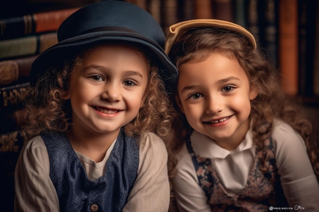 Deux jeunes filles dans une bibliothèque portant des chapeaux et un chapeau bleu