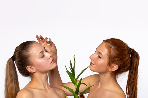 Deux jeunes filles à la peau propre et hydratée. Et la fleur d'aloe vera devant les visages des filles. Concept de beauté, spa et santé, sur mur blanc. Photo avec espace supérieur vide. Photo de haute qualité