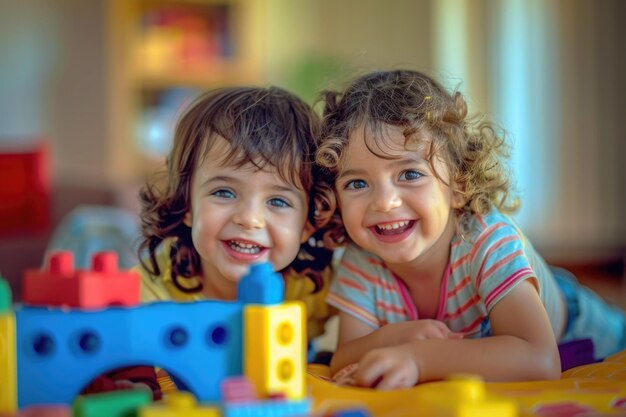 Deux jeunes filles qui jouent heureusement, étendues sur le sol, entourées de jouets.
