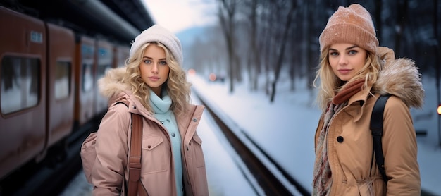 Deux jeunes filles séduisantes dans une gare avec des bagages attendant l'arrivée d'un train