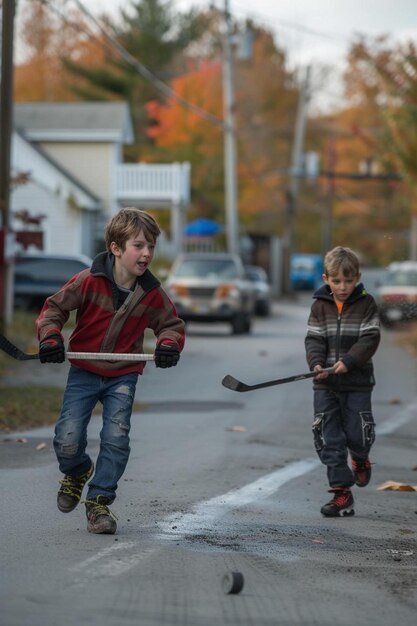 Photo deux jeunes garçons jouant au hockey.