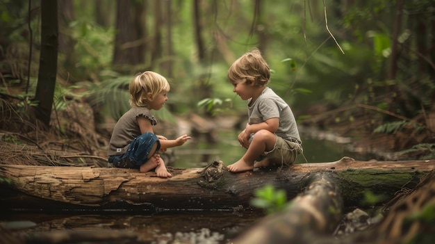 Deux jeunes garçons sont assis sur une bûche dans les bois, plongés dans une conversation sous la canopée des arbres.