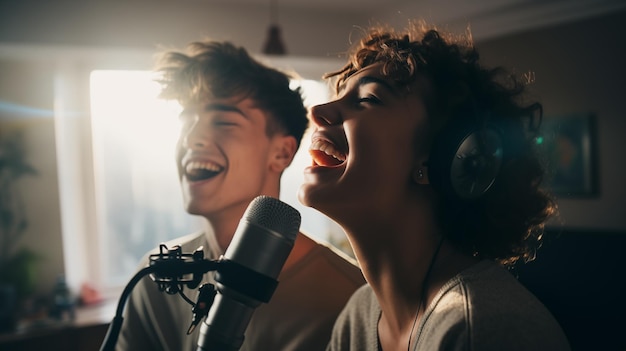 Photo deux jeunes gens qui aiment chanter avec des microphones interprètent une chanson.