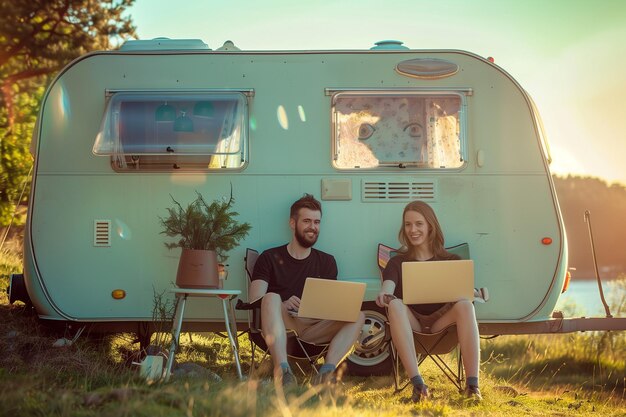 Deux jeunes gens travaillant sur un ordinateur portable à côté d'une caravane