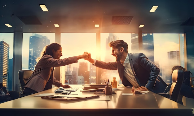 Photo deux jeunes hommes d'affaires célèbrent leur succès dans un bureau avec une vue panoramique sur la ville.