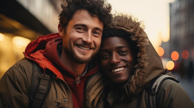 Photo deux jeunes hommes un couple gay noir et blanc partagent une joyeuse étreinte leurs sourires rayonnant de bonheur