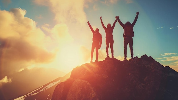 deux jeunes hommes et femmes heureux se tiennent debout et lèvent les mains au sommet de la montagne