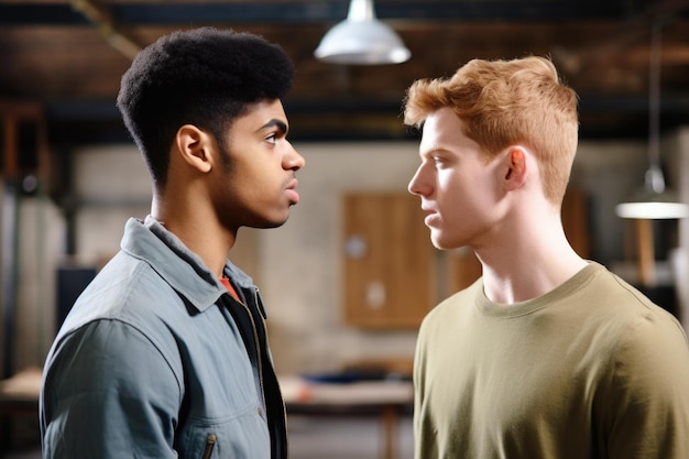 Photo deux jeunes hommes qui parlent après une pièce.