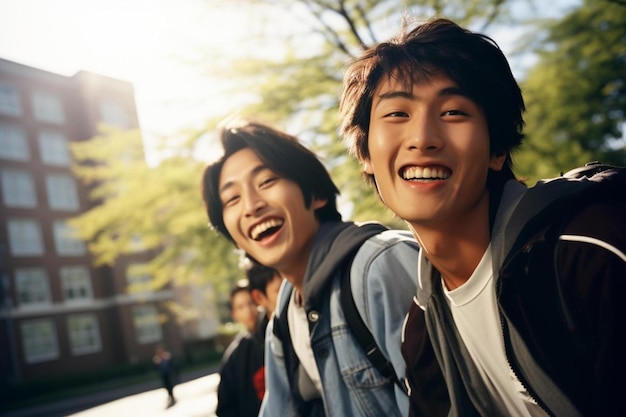 deux jeunes hommes sourient et sourient devant un bâtiment.